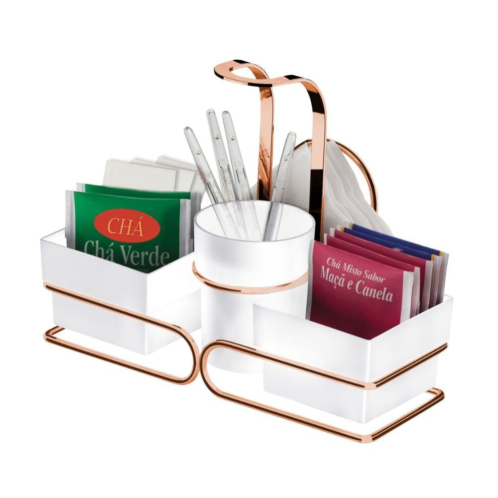 Conjunto para Chá e Café Porta Sachês Mexedor Branco e Rose Gold 3 em 1