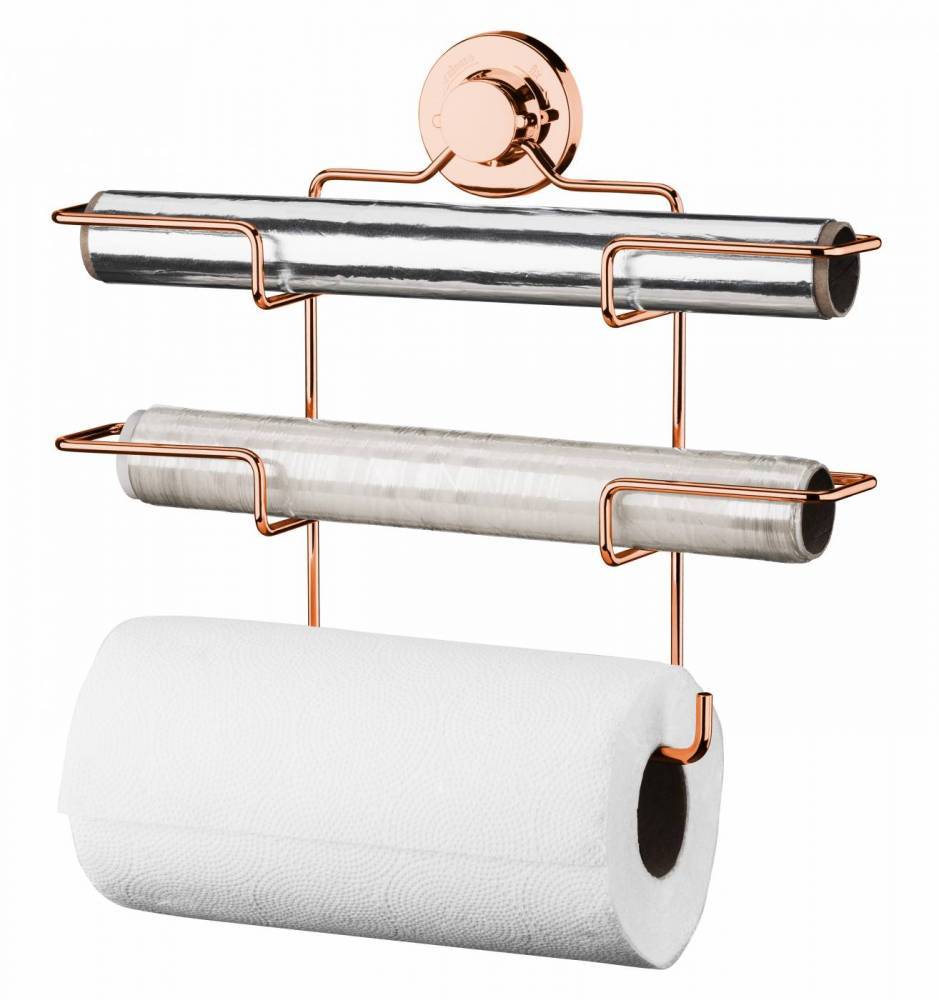 Suporte de Rolos Triplo Papel Toalha PVC Alumínio Fixação Ventosa Rose Gold