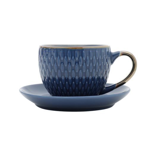 Conjunto 4 Xícaras de Café Com Pires Porcelana Azul Drops com Detalhe Metalizado - 90ml