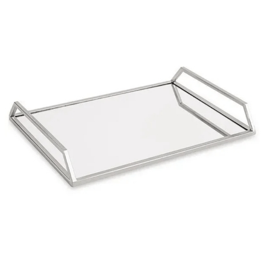 Bandeja Prata em Metal Interior Espelhado Retangular com Alça - 38 cm