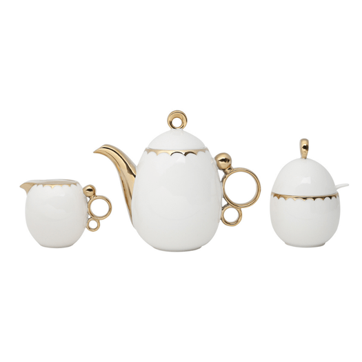 Conjunto Para Café Bule Açucareiro Leiteira Porcelana Dourado - 3 Peças