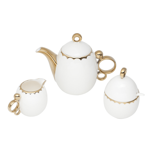 Conjunto Para Café Bule Açucareiro Leiteira Porcelana Dourado - 3 Peças