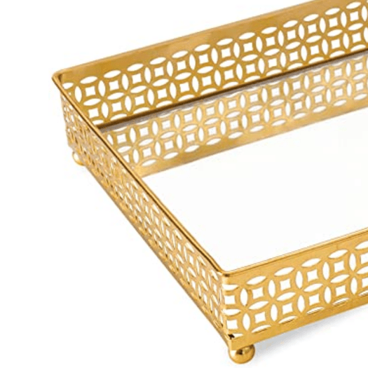 Bandeja Dourada Retangular Em Metal Com Espelho - 31 cm