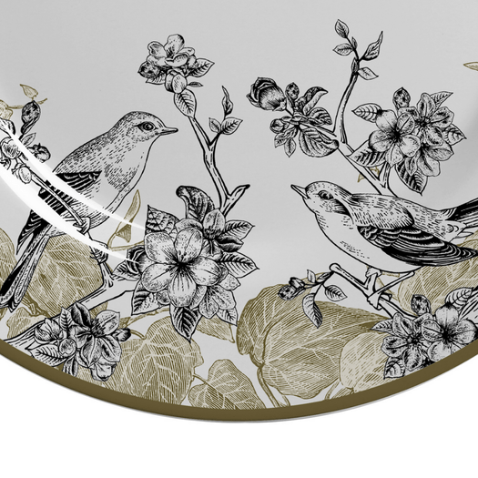 Prato Raso Flora Flores e Pássaros Dourado e Marinho Cerâmica Acetinado - 28,5 cm