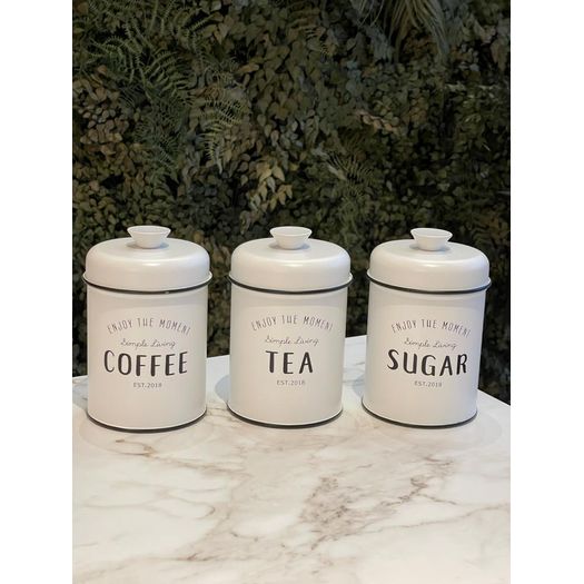 Conjunto de Latas Herméticas Porta Condimentos em Metal Branco Sugar Coffee Tea - 3 Peças