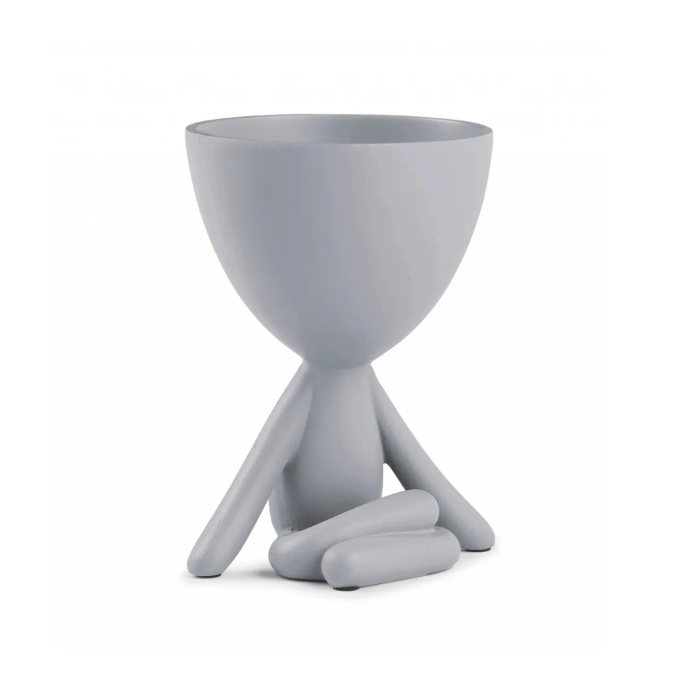 Vaso Cachepot Bob Sentado Com as Mãos no Chão em Poliresina Cinza - 14 cm
