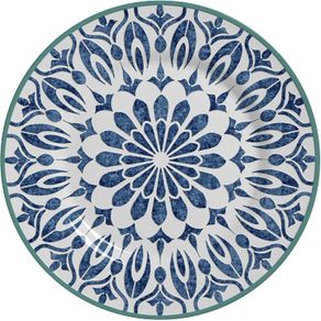 Prato Raso Mandala Azul Borda Verde Ikat Cerâmica - 28,5cm