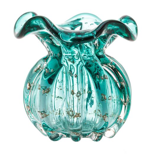 Vaso Murano Trouxinha de Vidro Italy Tiffany e Dourado 11cm