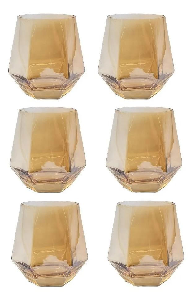 Jogo de Copos de Vidro Hexagonal para Whisky Fumê Ônix 6 peças 350ml