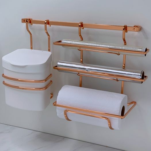 Kit Porta Rolos Triplo + Lixeira 2,5 Litros + Barra 45cm Rose Gold