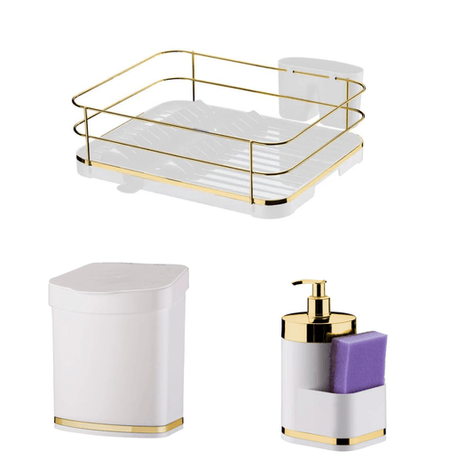 Kit Escorredor Louças + Dispenser + Lixeira Branco/dourado