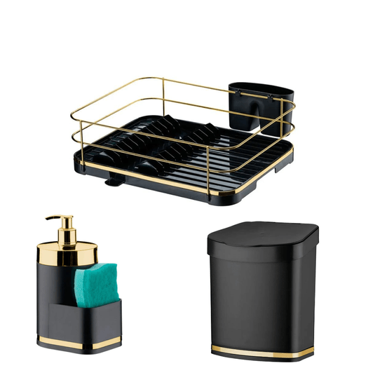 Kit Escorredor Louças + Dispenser + Lixeira Preto e Dourado