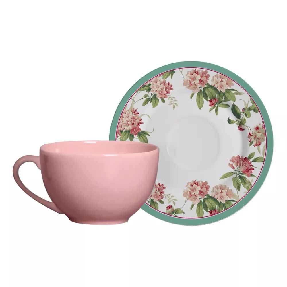 Lindo jogo de chá em porcelana com tema floral na tonalidade rosa