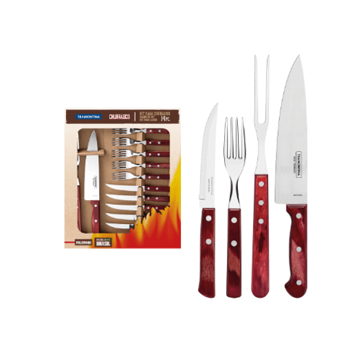 Kit Churrasco em Aço Inox com Cabo Vermelho Polywood 14 Peças Tramontina