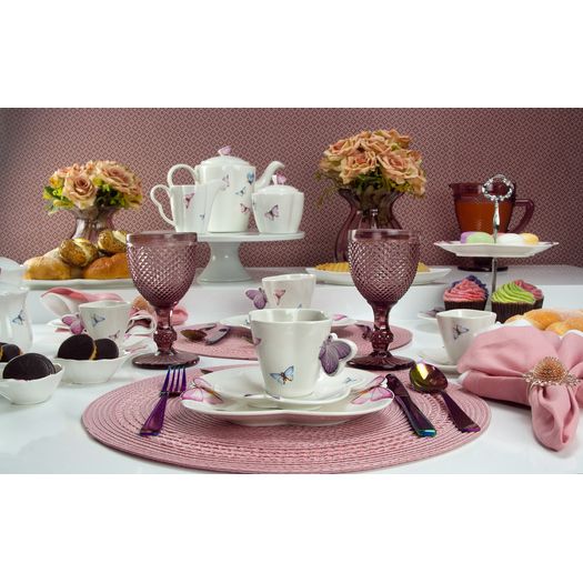 Conjunto para Café Bule Açucareiro Leiteira Porcelana Borboletas Branco 3 Peças