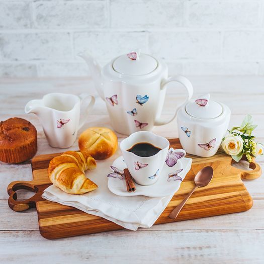 Conjunto para Café Bule Açucareiro Leiteira Porcelana Borboletas Branco 3 Peças