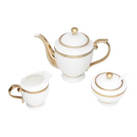 Conjunto para Chá Bule Açucareiro Leiteira Porcelana Paddy Branco e Dourado 3 Peças