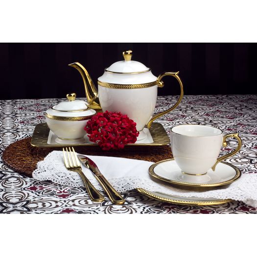 Conjunto para Chá Bule Açucareiro Leiteira Porcelana Paddy Branco e Dourado 3 Peças