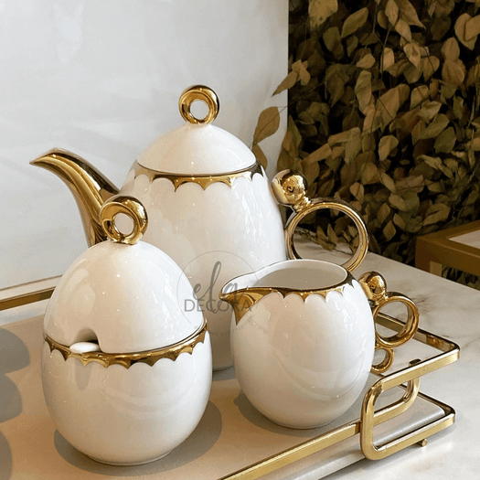 Conjunto Para Café Bule Açucareiro Leiteira Porcelana Dourado - 3 Peças