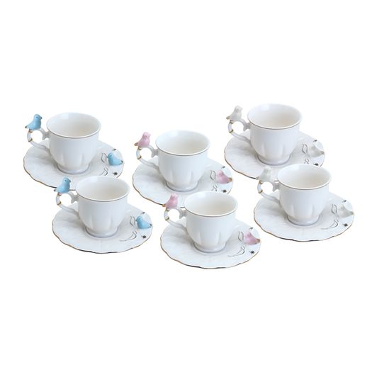 Jogo 6 Xicaras de Café em Porcelana Birds Round Plate Colorido 100ml