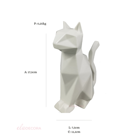 Escultura Gato de Cerâmica Geométrico Branco 17,5cm-Ela Decora