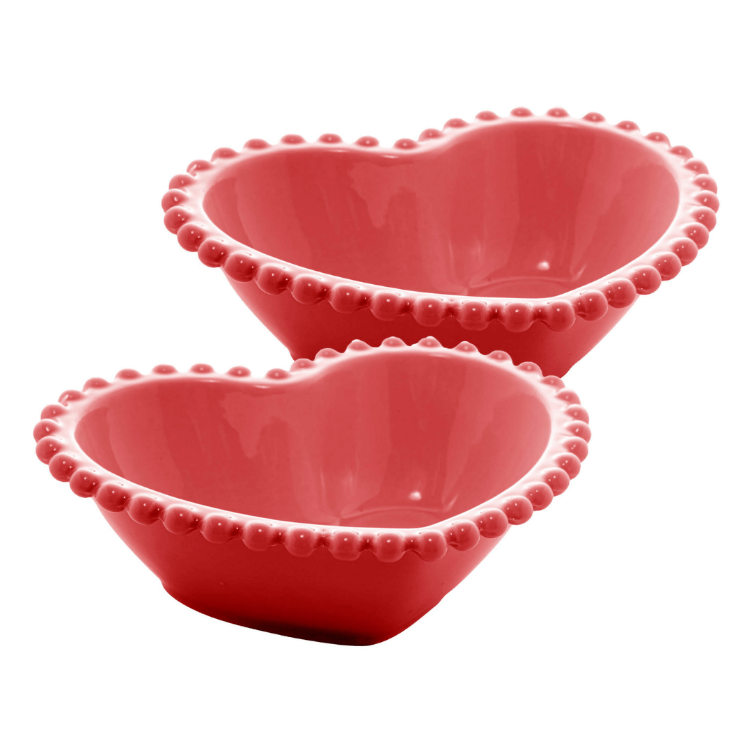 Jogo 2 Bowls Porcelana Coração Beads Vermelho 15cm