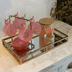Jogo 4 Xicaras de Chá com Pires Fio de Ouro em Cristal Rosa 170ml